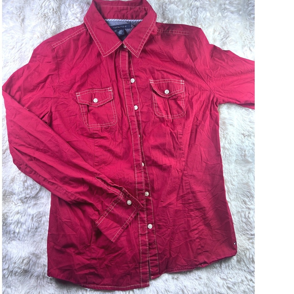 Tommy Hilfiger Womens Red Button Down Shirt Long Sleeve Contrast Stitch Sz S A29